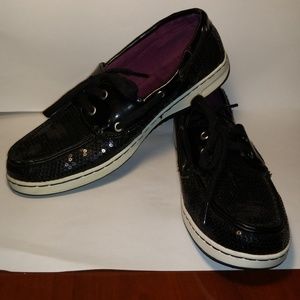Black glittery boat shoes